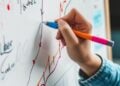In this image, we see a close-up of someone's hand holding a marker pen, which is delicately tracing or adding to a vibrant line graph on a whiteboard. The board is filled with an array of colorful charts, including pie charts, bar graphs, and line graphs, with annotations that suggest a business context, such as 'Profit', 'Loss', and 'Invest'. This visual suggests a strategic planning session, with attention being paid to performance indicators that influence business decisions.