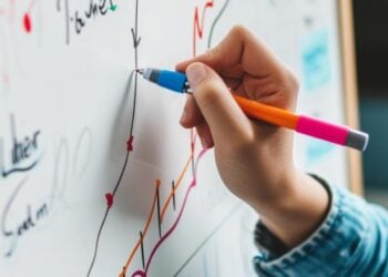 In this image, we see a close-up of someone's hand holding a marker pen, which is delicately tracing or adding to a vibrant line graph on a whiteboard. The board is filled with an array of colorful charts, including pie charts, bar graphs, and line graphs, with annotations that suggest a business context, such as 'Profit', 'Loss', and 'Invest'. This visual suggests a strategic planning session, with attention being paid to performance indicators that influence business decisions.