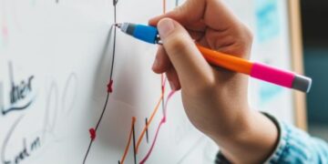 In this image, we see a close-up of someone's hand holding a marker pen, which is delicately tracing or adding to a vibrant line graph on a whiteboard. The board is filled with an array of colorful charts, including pie charts, bar graphs, and line graphs, with annotations that suggest a business context, such as 'Profit', 'Loss', and 'Invest'. This visual suggests a strategic planning session, with attention being paid to performance indicators that influence business decisions.