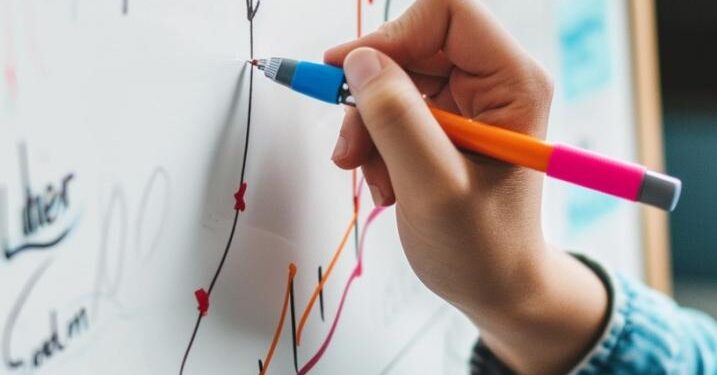 In this image, we see a close-up of someone's hand holding a marker pen, which is delicately tracing or adding to a vibrant line graph on a whiteboard. The board is filled with an array of colorful charts, including pie charts, bar graphs, and line graphs, with annotations that suggest a business context, such as 'Profit', 'Loss', and 'Invest'. This visual suggests a strategic planning session, with attention being paid to performance indicators that influence business decisions.
