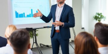 In the well-lit conference room of a modern office, a professional businessman stands confidently as he delivers a compelling presentation. He engages directly with his audience, pointing towards the colorful bar graphs on the screen that likely represent the company's financial growth or market analysis. The audience, comprising a group of attentive listeners in business attire, is focused on the speaker, anticipating valuable insights. The dynamic atmosphere suggests a collaborative corporate environment where ideas and strategies are actively discussed.
