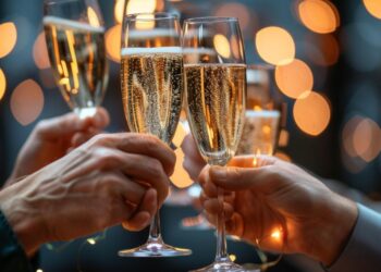 This photo captures a warm and jubilant moment among friends gathered for a celebration. In the foreground, several hands are raising glasses of bubbling champagne, clinking them together in a toast that symbolizes shared joy and fellowship. The soft golden hue of the champagne is complemented by the delicate bokeh of lights in the background, creating an atmosphere of elegance and festivity. This image encapsulates the spirit of commemorative events where laughter and memories are created and cherished.