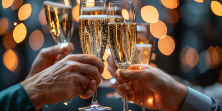 This photo captures a warm and jubilant moment among friends gathered for a celebration. In the foreground, several hands are raising glasses of bubbling champagne, clinking them together in a toast that symbolizes shared joy and fellowship. The soft golden hue of the champagne is complemented by the delicate bokeh of lights in the background, creating an atmosphere of elegance and festivity. This image encapsulates the spirit of commemorative events where laughter and memories are created and cherished.