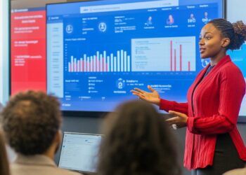 In a well-lit corporate meeting room, a professional woman stands confidently as she presents complex statistical data displayed on a large screen behind her. Her audience, a group of attentive colleagues, listens as she explains the significance of the data trends and graphs, suggestive of a strategic business review or financial update session. Her poised demeanor and the engagement of her audience illustrate a crucial business discourse aimed at driving company performance.