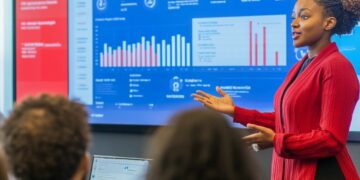 In a well-lit corporate meeting room, a professional woman stands confidently as she presents complex statistical data displayed on a large screen behind her. Her audience, a group of attentive colleagues, listens as she explains the significance of the data trends and graphs, suggestive of a strategic business review or financial update session. Her poised demeanor and the engagement of her audience illustrate a crucial business discourse aimed at driving company performance.