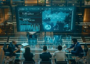In a modern corporate headquarters, a team of dedicated professionals gathers around a transparent digital display for a strategic meeting. The setting is a testament to the blend of traditional business practices with cutting-edge technology, showcasing real-time data and analytics. They stand at the crossroads of innovation and collaboration, delving into key metrics that will inform their critical business decisions and strategies moving forward.