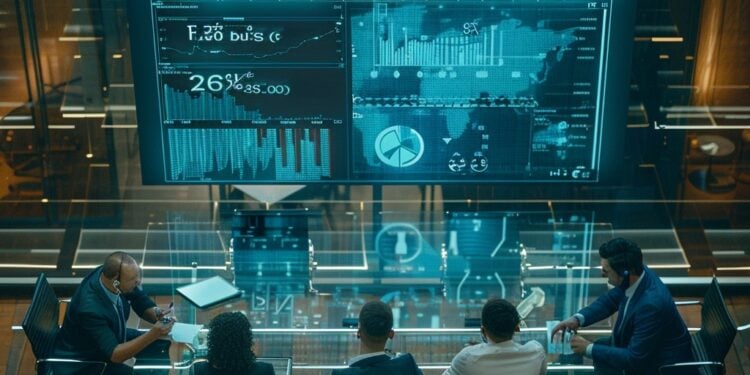 In a modern corporate headquarters, a team of dedicated professionals gathers around a transparent digital display for a strategic meeting. The setting is a testament to the blend of traditional business practices with cutting-edge technology, showcasing real-time data and analytics. They stand at the crossroads of innovation and collaboration, delving into key metrics that will inform their critical business decisions and strategies moving forward.