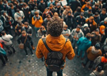 In this dynamic photo, we see a solitary individual dressed in a bright yellow jacket and backpack standing above a sea of people. Positioned in a unique vantage point, the person appears as if he's addressing or leading the crowd, which is composed of various individuals focused in different directions. This image captures a moment of leadership or prominence, amidst an event that draws together a diverse group of spectators.