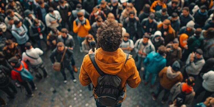 In this dynamic photo, we see a solitary individual dressed in a bright yellow jacket and backpack standing above a sea of people. Positioned in a unique vantage point, the person appears as if he's addressing or leading the crowd, which is composed of various individuals focused in different directions. This image captures a moment of leadership or prominence, amidst an event that draws together a diverse group of spectators.