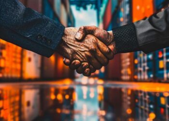 In this striking image, a moment of business agreement or partnership is captured through a handshake that seamlessly merges with the industrial setting of a shipping yard. Rows of vibrant and towering shipping containers frame the handshake, emphasizing the scope and significance of the agreement being forged. The reflection on the water's surface adds a layer of depth and symmetry, hinting at the thoughtful consideration and mutual respect that underpins such an exchange. The photo encapsulates not just a personal connection, but also the global scale of trade and commerce that relies on such individual moments of trust and collaboration.