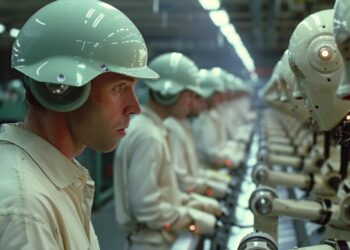 In this image, we see a row of workers, clad in light-colored uniforms and wearing hard hats, each operating sophisticated machinery with great attention. This scene likely takes place in a manufacturing or processing plant, where precision and focus are critical for production efficiency and safety. The controlled lighting and the repetition of machines and operators give the environment a sense of order and industry.