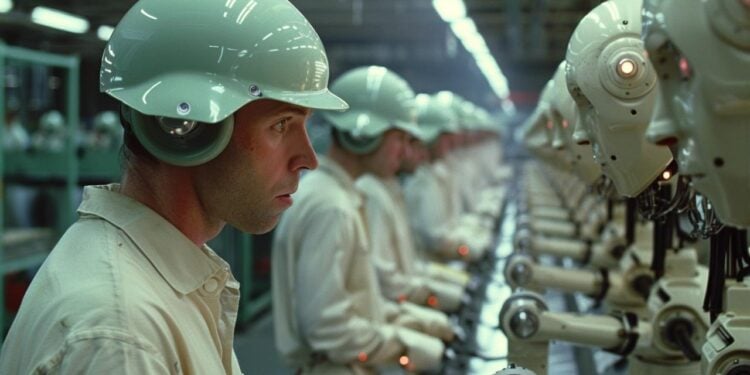 In this image, we see a row of workers, clad in light-colored uniforms and wearing hard hats, each operating sophisticated machinery with great attention. This scene likely takes place in a manufacturing or processing plant, where precision and focus are critical for production efficiency and safety. The controlled lighting and the repetition of machines and operators give the environment a sense of order and industry.