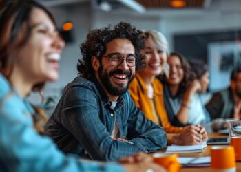A group of diverse employees is captured in the midst of a light-hearted moment at work, displaying heartwarming smiles and infectious laughter. They appear to be sitting in a modern office setting, perhaps enjoying a break or engaging in a team-building activity. The atmosphere suggests a positive work culture where camaraderie and collaboration are encouraged, reinforcing the importance of a healthy work-life balance.