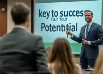 In a well-lit conference room, a confident male businessman engages with a group of attentive professionals during a motivational seminar. He stands in front of a large digital screen displaying the text, 'key to success, Your Your Potential,' gesturing with his hand to emphasize his points. This inspiring scene captures the essence of professional development and leadership in a corporate setting, where ideas are shared and potential is unlocked.