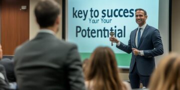 In a well-lit conference room, a confident male businessman engages with a group of attentive professionals during a motivational seminar. He stands in front of a large digital screen displaying the text, 'key to success, Your Your Potential,' gesturing with his hand to emphasize his points. This inspiring scene captures the essence of professional development and leadership in a corporate setting, where ideas are shared and potential is unlocked.