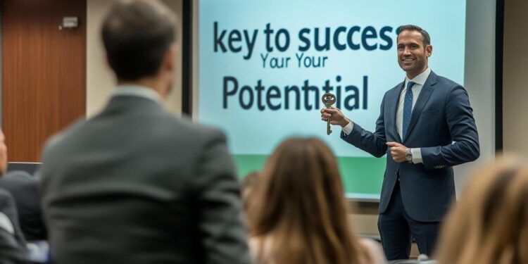 In a well-lit conference room, a confident male businessman engages with a group of attentive professionals during a motivational seminar. He stands in front of a large digital screen displaying the text, 'key to success, Your Your Potential,' gesturing with his hand to emphasize his points. This inspiring scene captures the essence of professional development and leadership in a corporate setting, where ideas are shared and potential is unlocked.