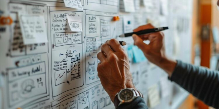 In a scene of focused productivity, an individual is captured in the act of planning and strategizing. With a marker in hand and a wall filled with meticulously arranged sticky notes and flowcharts, they contemplate the next step in their elaborate scheme. The attentive gaze suggests a mind deeply engaged in problem solving, outlining a path to success on the whiteboard that serves as a canvas to their thoughts.