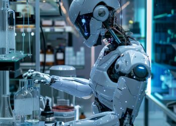 In a state-of-the-art laboratory brimming with cutting-edge technology, a highly sophisticated robot meticulously carries out a complex experiment. Equipped with precision-engineered arms designed for delicate manipulation, the robot engages with an array of scientific instruments and vials, showcasing a new era where automation and artificial intelligence revolutionize research and development. The cool, blue glow of the lab lights reflects on the robot’s sleek white exterior, emphasizing the blend of science and technology in modern innovation.