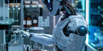 In a state-of-the-art laboratory brimming with cutting-edge technology, a highly sophisticated robot meticulously carries out a complex experiment. Equipped with precision-engineered arms designed for delicate manipulation, the robot engages with an array of scientific instruments and vials, showcasing a new era where automation and artificial intelligence revolutionize research and development. The cool, blue glow of the lab lights reflects on the robot’s sleek white exterior, emphasizing the blend of science and technology in modern innovation.