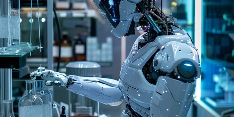 In a state-of-the-art laboratory brimming with cutting-edge technology, a highly sophisticated robot meticulously carries out a complex experiment. Equipped with precision-engineered arms designed for delicate manipulation, the robot engages with an array of scientific instruments and vials, showcasing a new era where automation and artificial intelligence revolutionize research and development. The cool, blue glow of the lab lights reflects on the robot’s sleek white exterior, emphasizing the blend of science and technology in modern innovation.