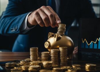 In a dimly lit office, a professional businessman dressed in a dark suit carefully places coins into a shining golden piggy bank, positioned beside a stack of similarly gleaming coins. Behind him, a laptop displays a graph with upward trends, emphasizing the concept of growth and success in financial management. This act represents prudent and calculated financial planning, where even the smallest additions contribute to larger savings and investment strategies.