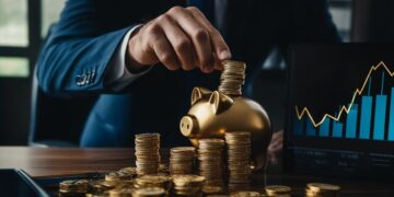 In a dimly lit office, a professional businessman dressed in a dark suit carefully places coins into a shining golden piggy bank, positioned beside a stack of similarly gleaming coins. Behind him, a laptop displays a graph with upward trends, emphasizing the concept of growth and success in financial management. This act represents prudent and calculated financial planning, where even the smallest additions contribute to larger savings and investment strategies.