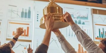 In a lively office setting, a group of enthusiastic colleagues raises a large championship trophy aloft, celebrating a significant achievement. Their expressions of joy and success shine brightly as they stand beneath office lights, surrounded by charts and data that underscore their hard work. This victorious moment reflects their teamwork and dedication to their goals, fostering a spirit of camaraderie and achievement within the workplace.
