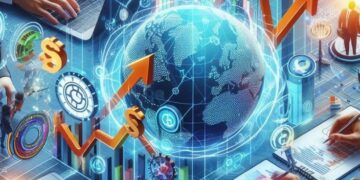 This may contain: business people working on laptops and papers with the earth in the middle, surrounded by financial