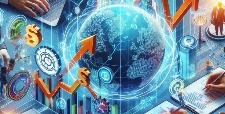 This may contain: business people working on laptops and papers with the earth in the middle, surrounded by financial